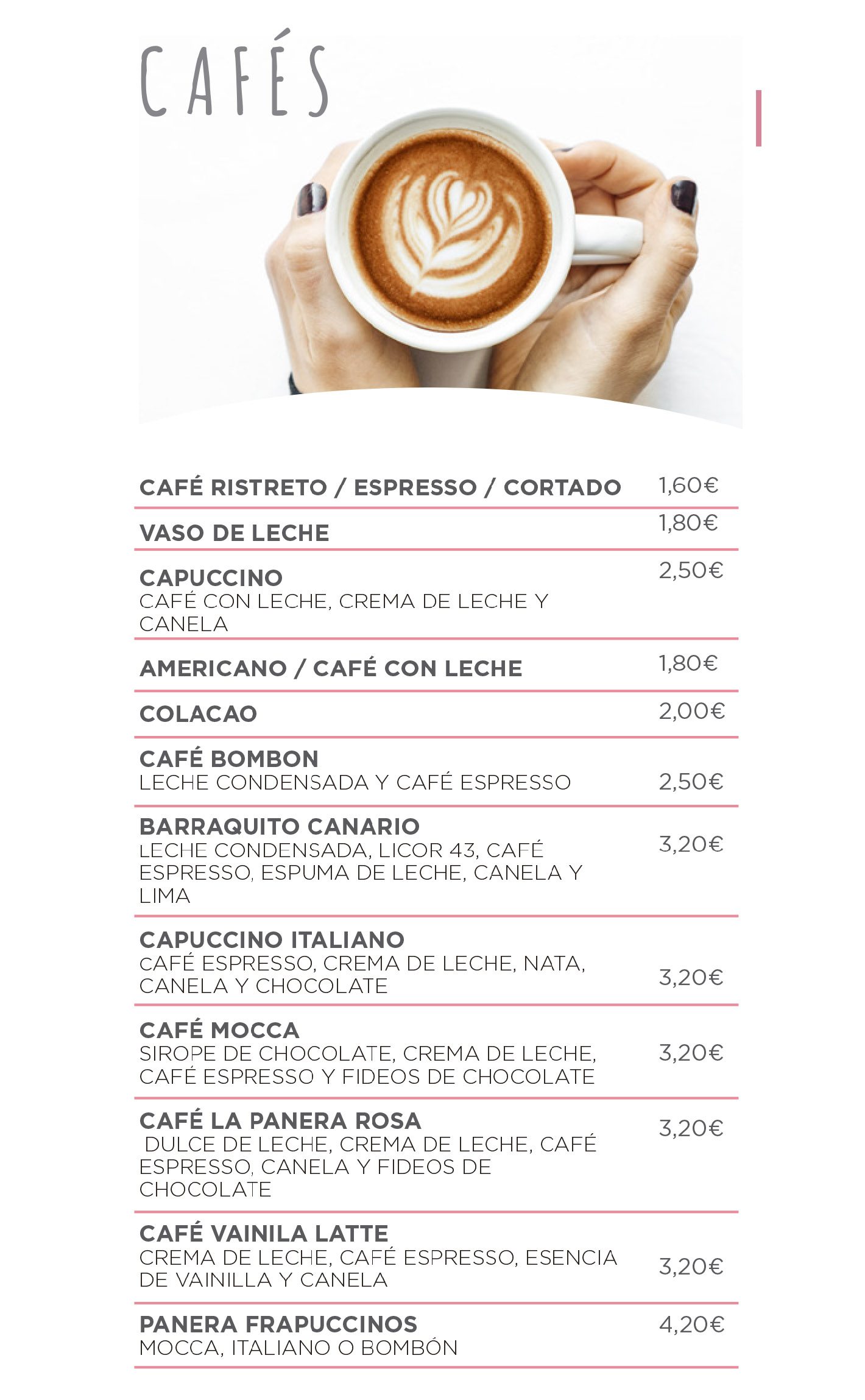 Cafes en la carta digital de La Panera